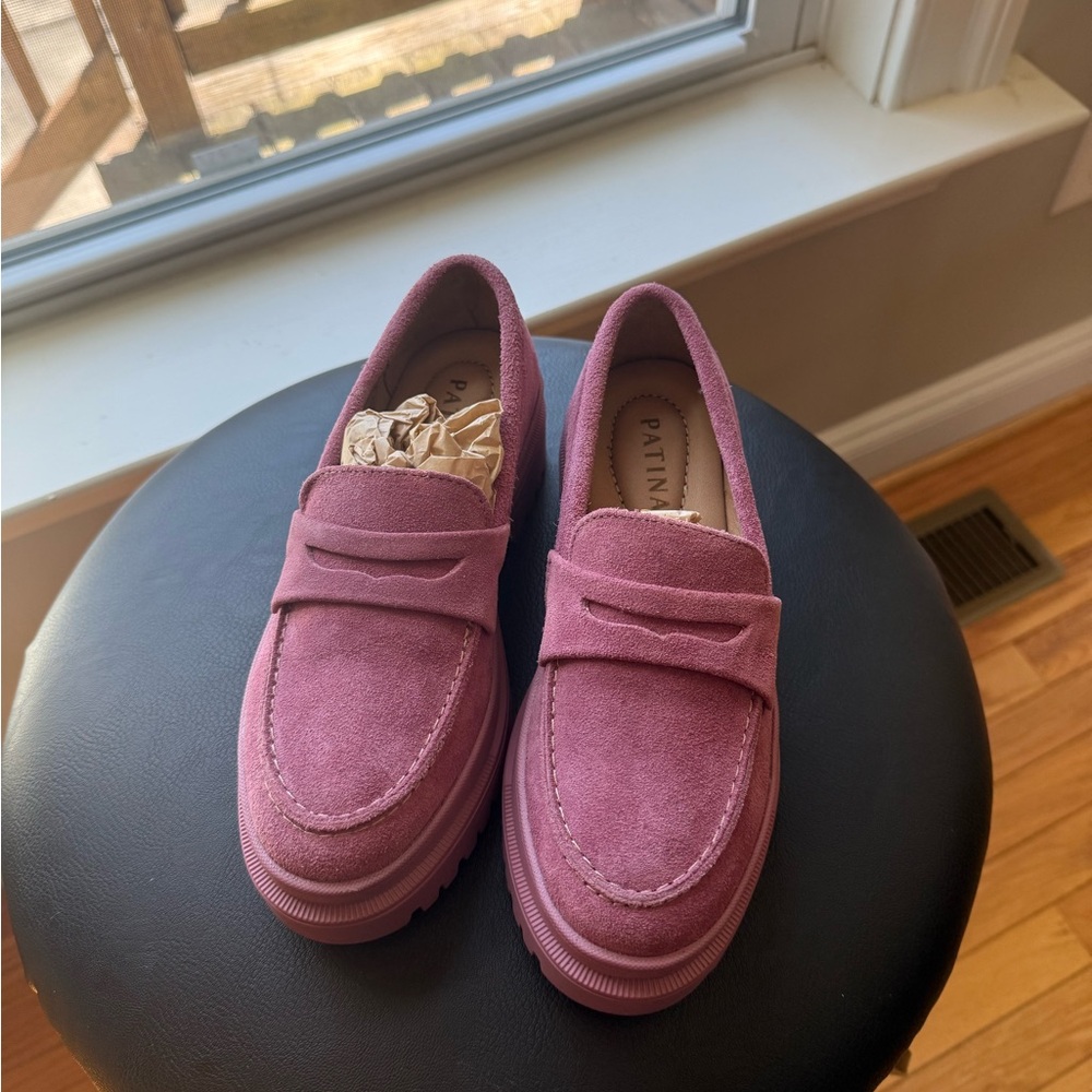 Patina Pink Suede Penny Loafers